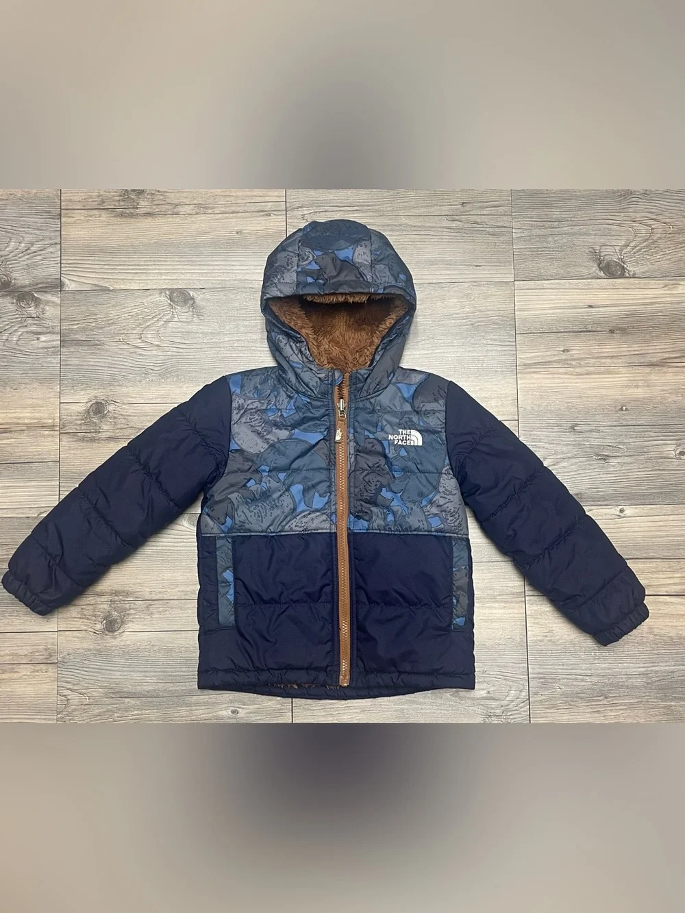 The North Face Toddler Navy & Blue Camo/Bears Reversible Teddy Puffer Jacket